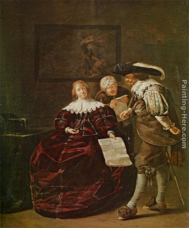 The contract - A lady presenting a letter to a gentleman and an old lady studying another in an interior painting - Jacob Duck The contract - A lady presenting a letter to a gentleman and an old lady studying another in an interior art painting